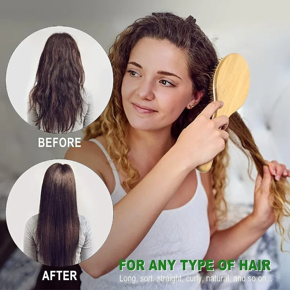Hair Brush Set, Natural Bamboo Comb Paddle Detangling Hairbrush, Wide-tooth and